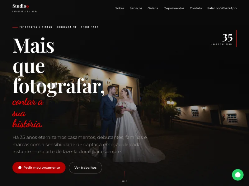 Print da página inicial do Studio 9 Fotografia e Cinema, cliente real da Datallix: hero em tons pretos e vermelhos com a chamada 'Mais que fotografar, contar a sua história.'