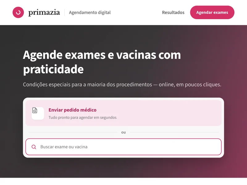 Demonstração de design de página para laboratório (fictício, “Laboratório Primazia”): agendamento digital de exames e vacinas, destaque em magenta e coleta em casa. Não representa um cliente real.